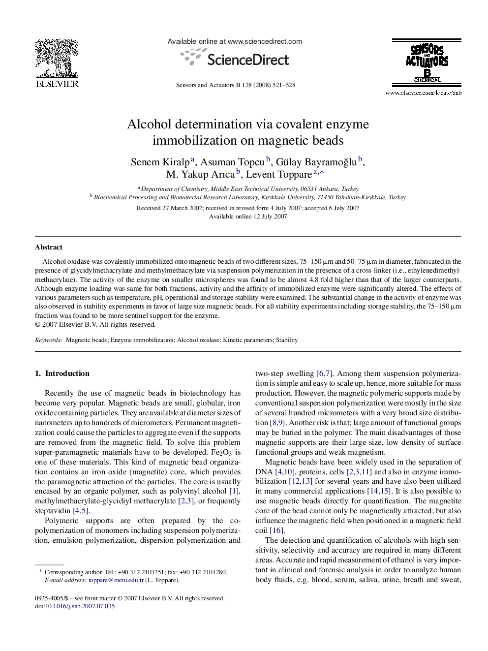 Alcohol determination via covalent enzyme immobilization on magnetic beads