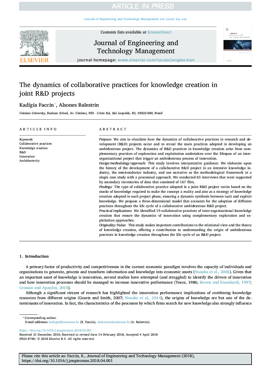 The dynamics of collaborative practices for knowledge creation in joint R&D projects