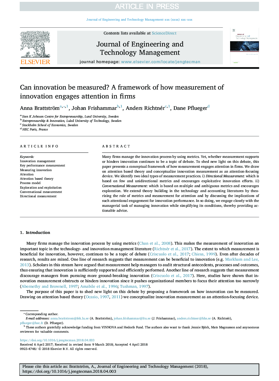 Can innovation be measured? A framework of how measurement of innovation engages attention in firms