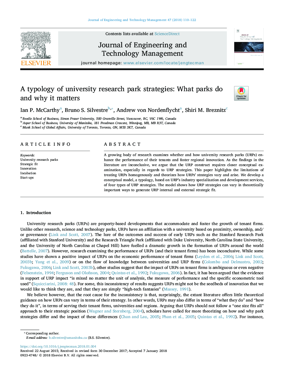 A typology of university research park strategies: What parks do and why it matters