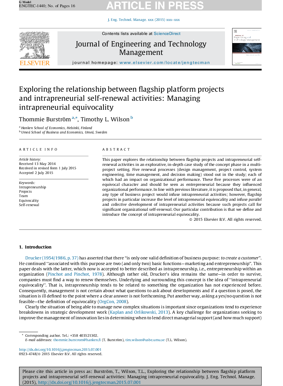 Exploring the relationship between flagship platform projects and intrapreneurial self-renewal activities: Managing intrapreneurial equivocality