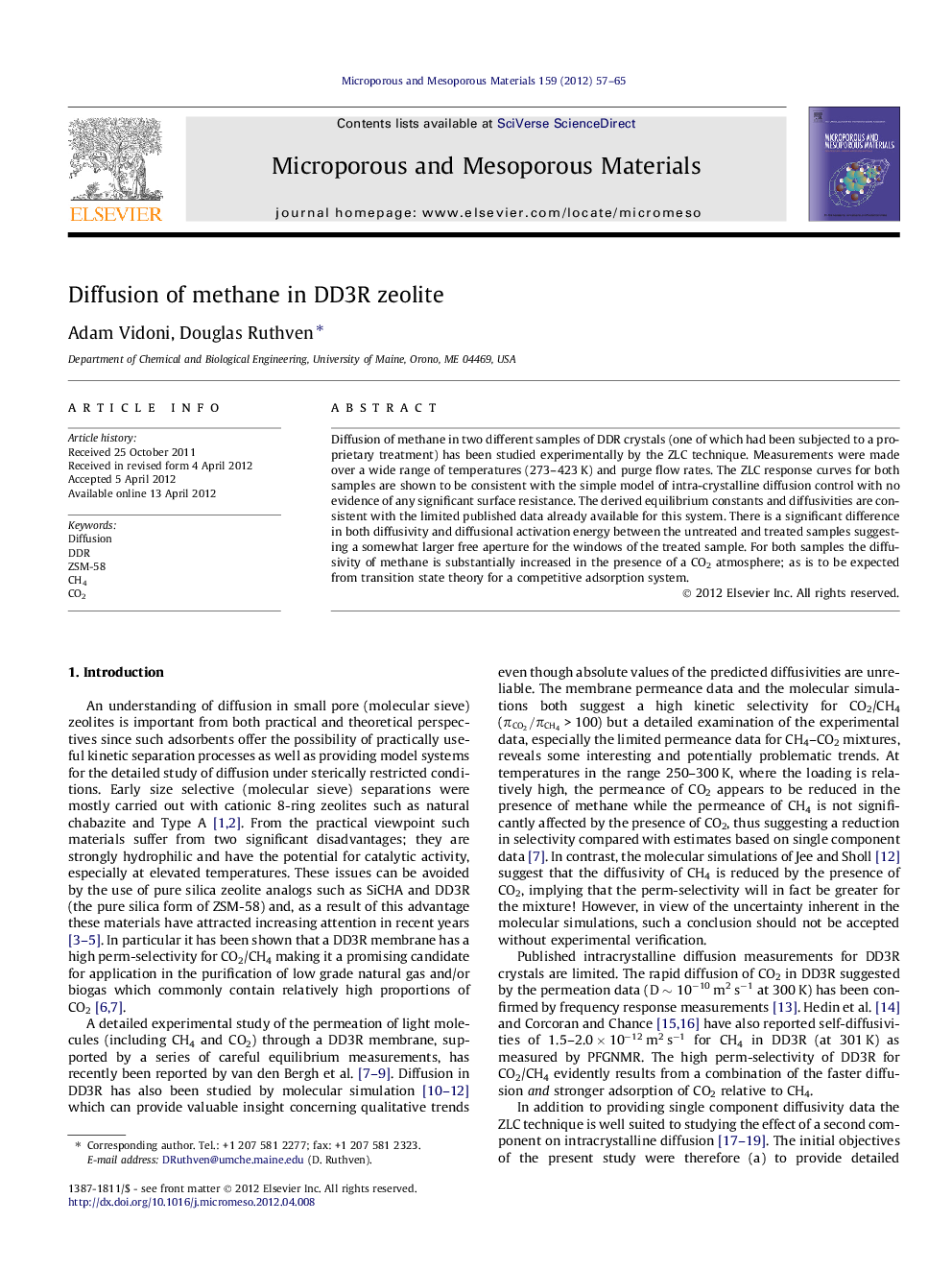 عکس صفحه اول مقاله: Diffusion of methane in DD3R zeolite Diffusion of methane in DD3R zeolite