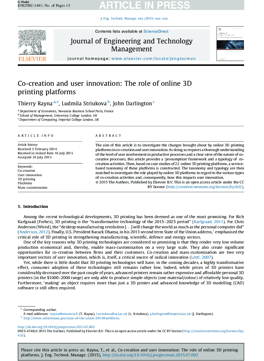 Co-creation and user innovation: The role of online 3D printing platforms