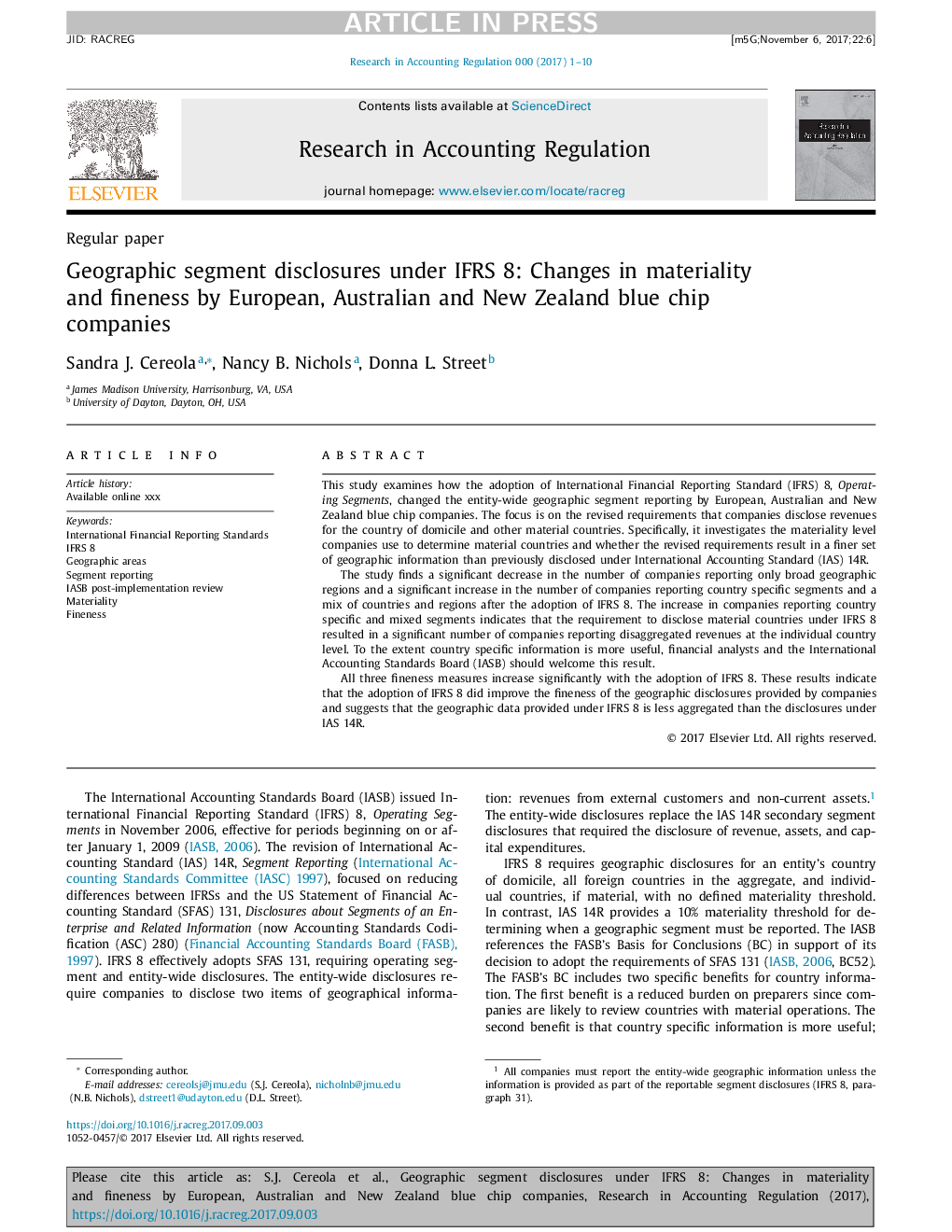 Geographic segment disclosures under IFRS 8: Changes in materiality and fineness by European, Australian and New Zealand blue chip companies