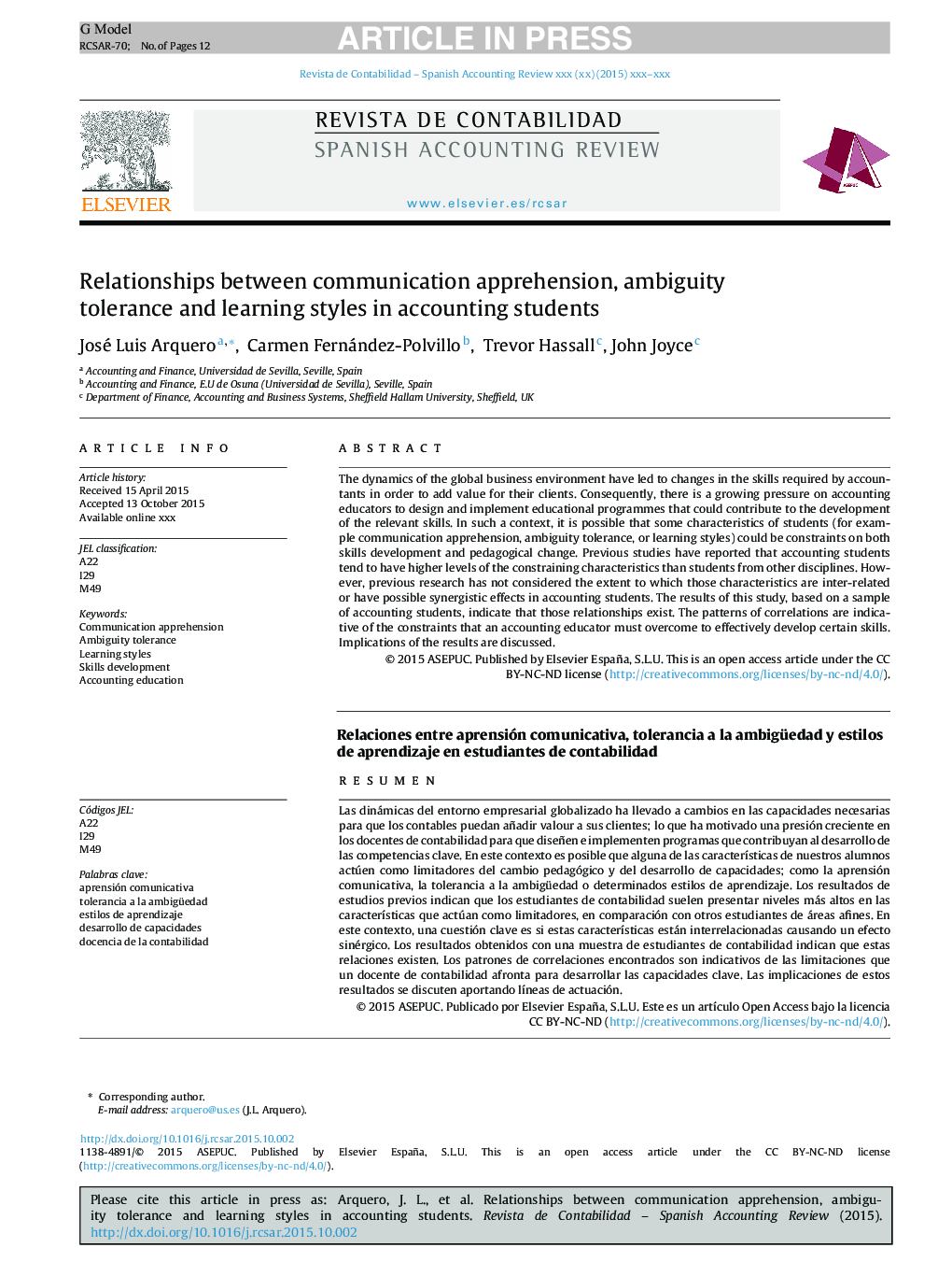 Relationships between communication apprehension, ambiguity tolerance and learning styles in accounting students