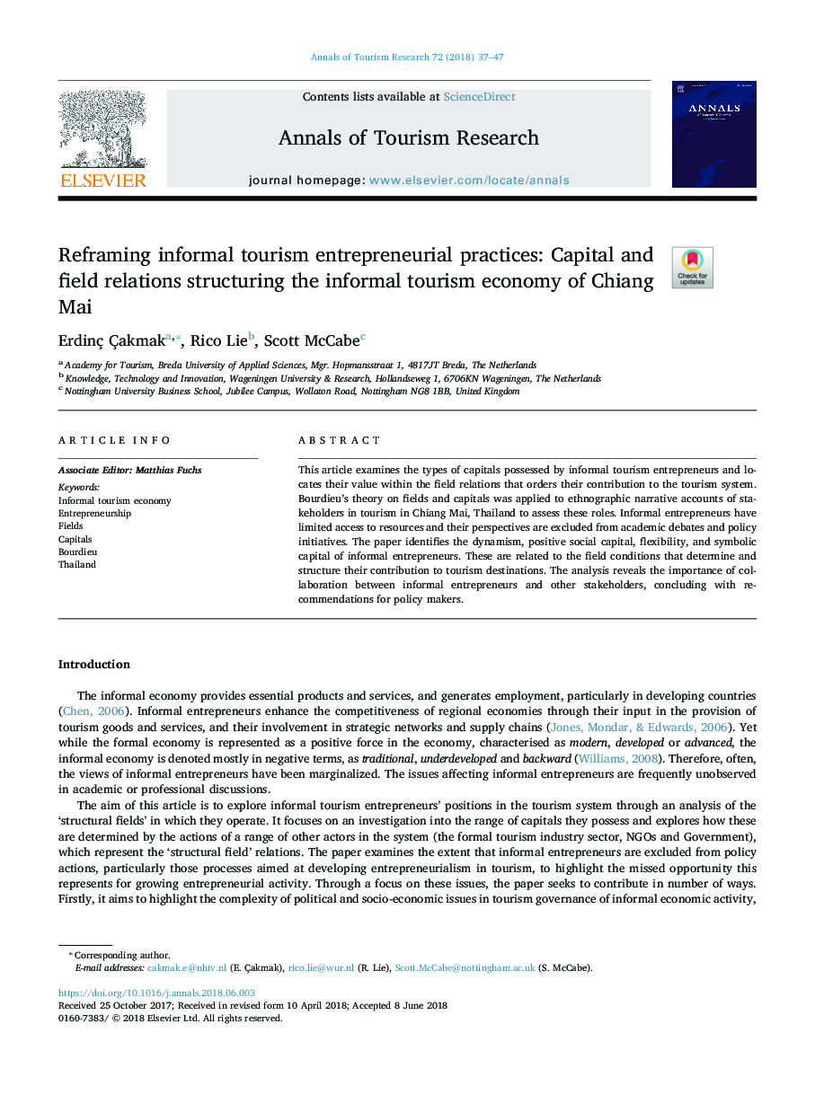 Reframing informal tourism entrepreneurial practices: Capital and field relations structuring the informal tourism economy of Chiang Mai