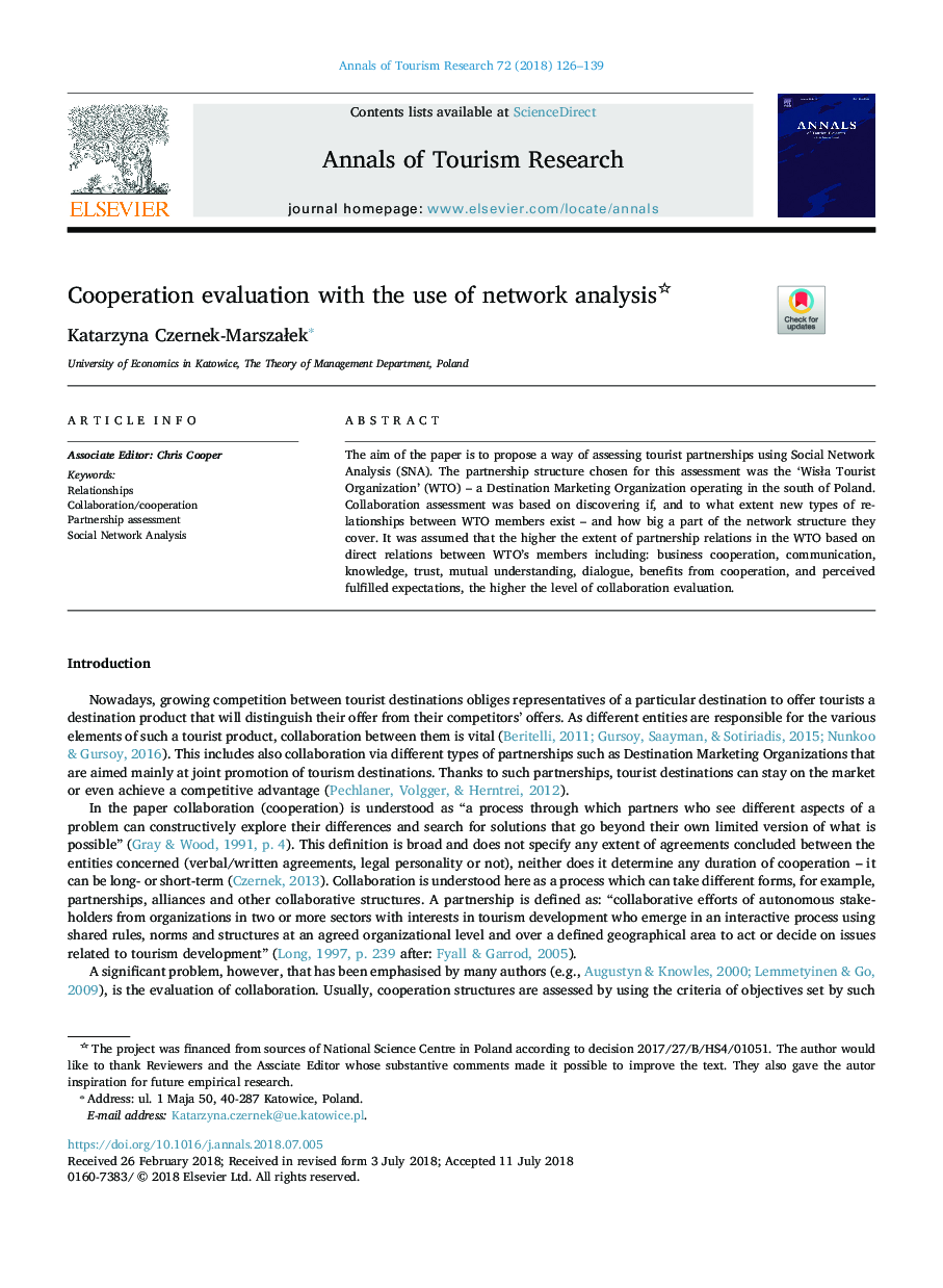 Cooperation evaluation with the use of network analysis