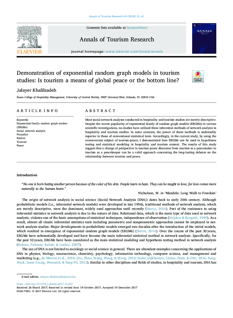 Demonstration of exponential random graph models in tourism studies: Is tourism a means of global peace or the bottom line?