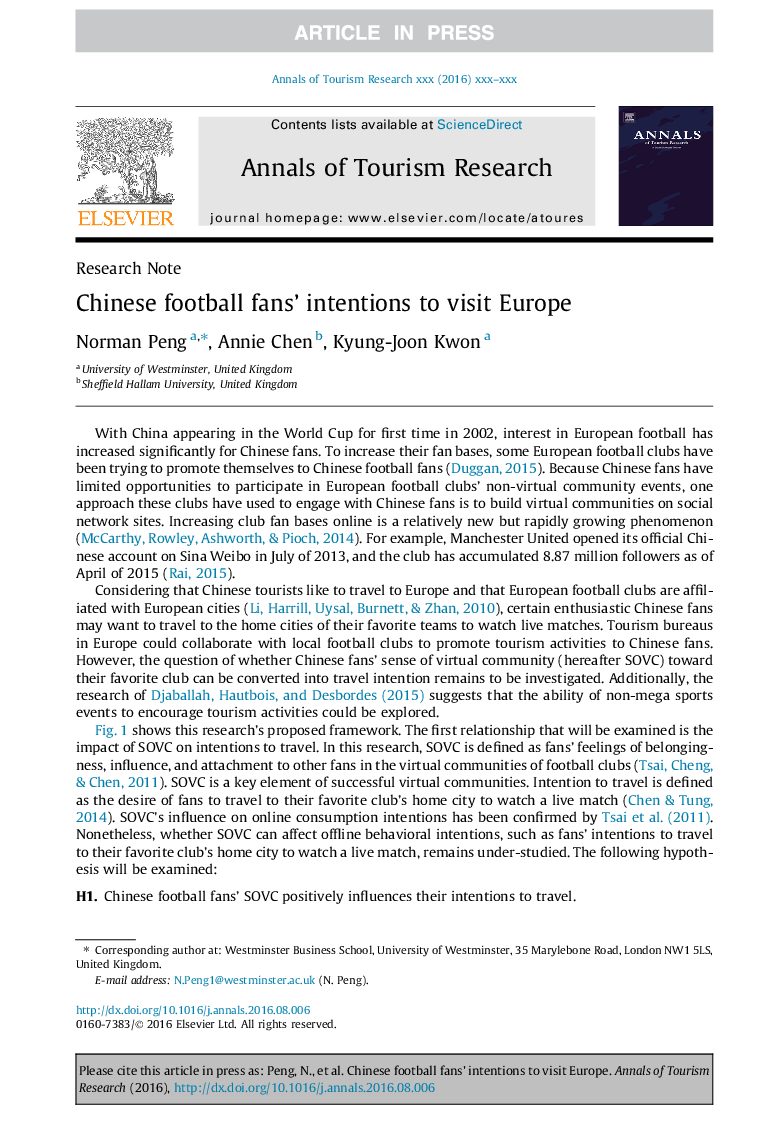 Chinese football fans' intentions to visit Europe