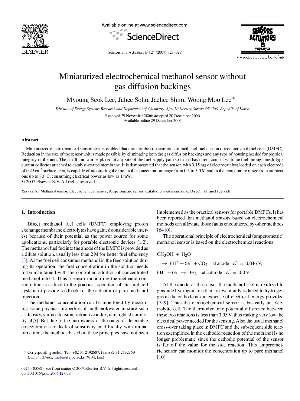 عکس صفحه اول مقاله: Miniaturized electrochemical methanol sensor without gas diffusion backings Miniaturized electrochemical methanol sensor without gas diffusion backings