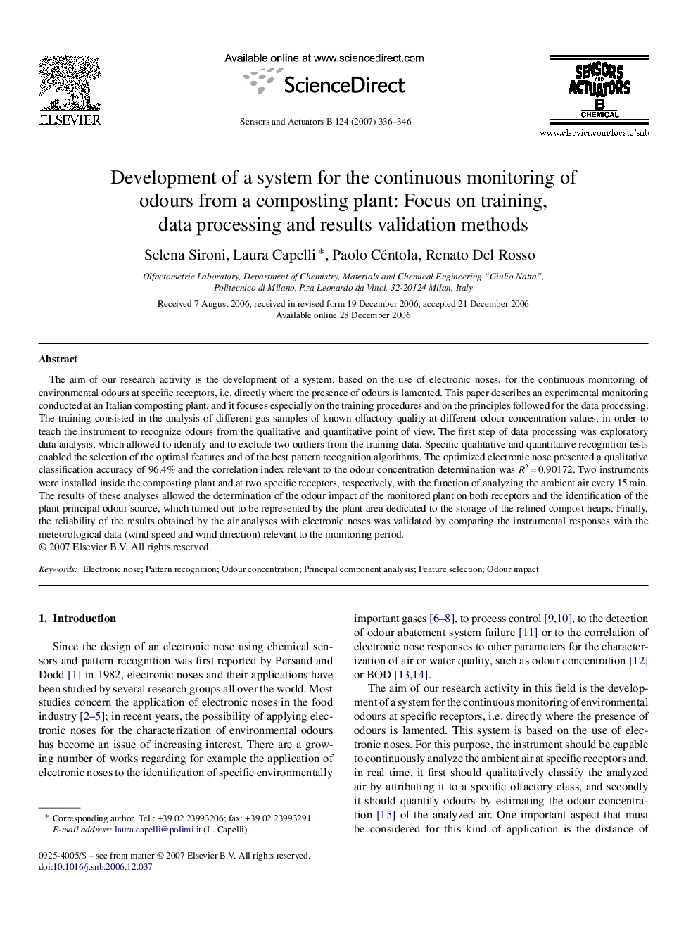 Development of a system for the continuous monitoring of odours from a composting plant: Focus on training, data processing and results validation methods