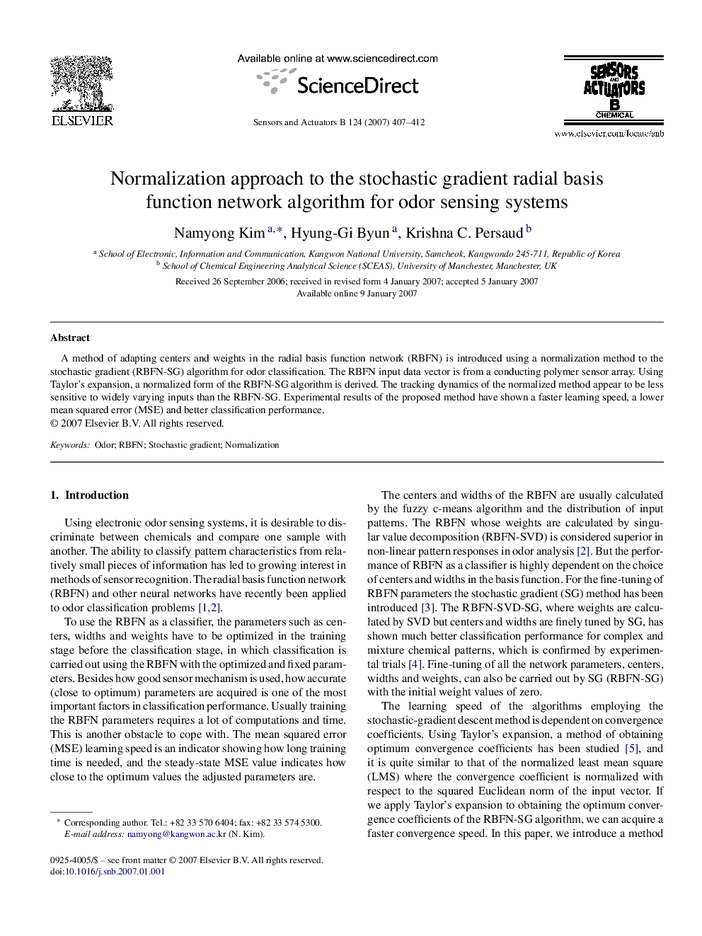 Normalization approach to the stochastic gradient radial basis function network algorithm for odor sensing systems