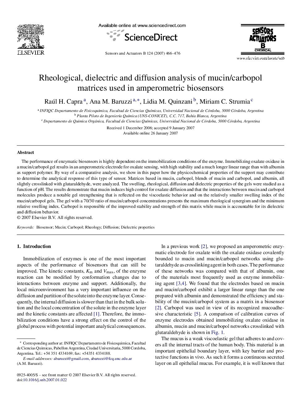 Rheological, dielectric and diffusion analysis of mucin/carbopol matrices used in amperometric biosensors