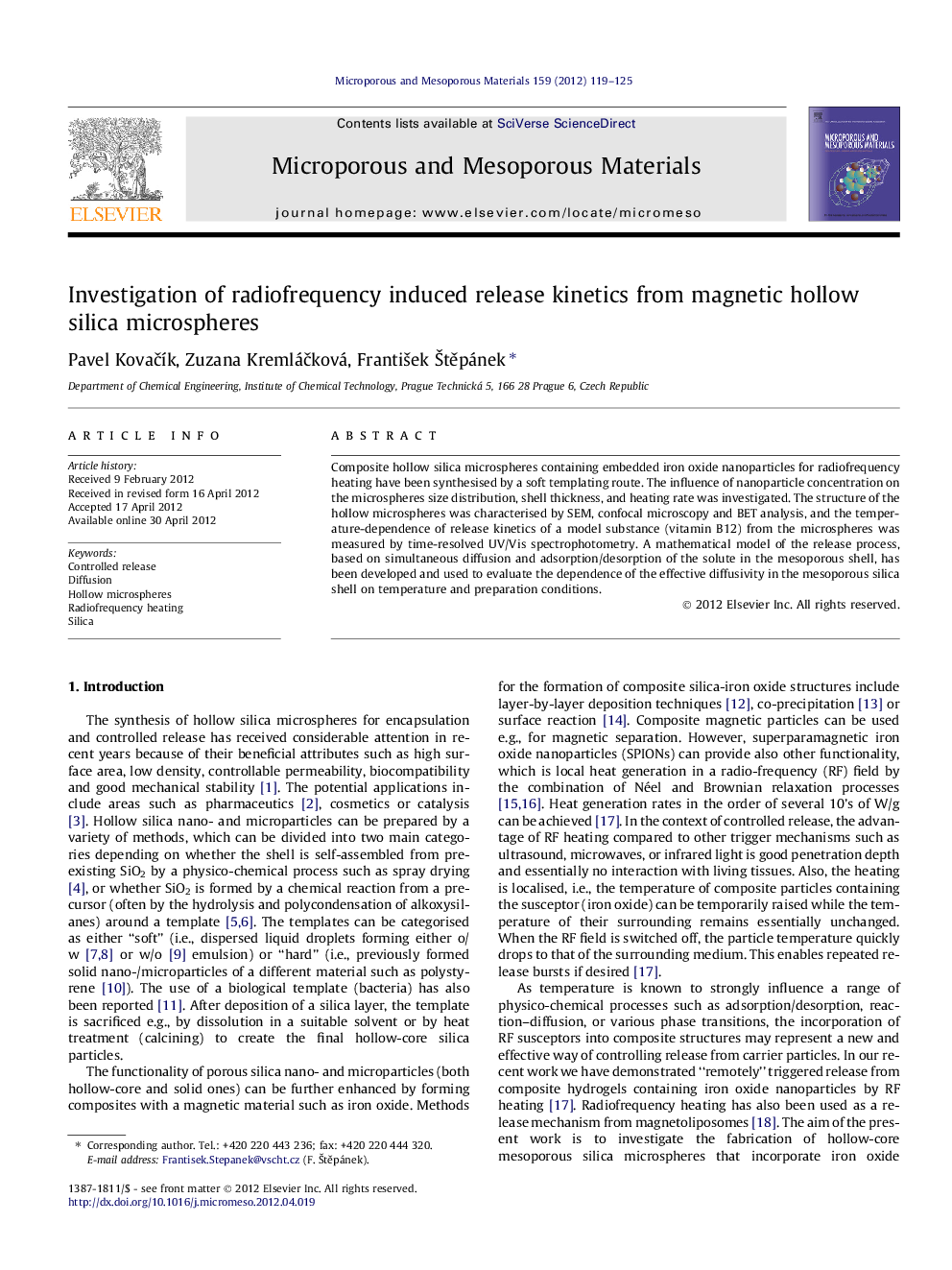 Investigation of radiofrequency induced release kinetics from magnetic hollow silica microspheres