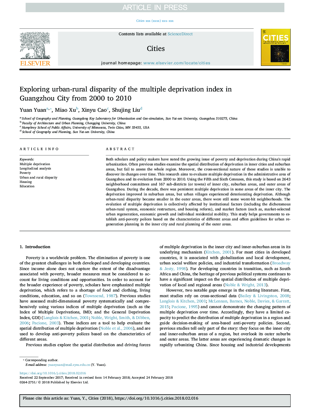 Exploring urban-rural disparity of the multiple deprivation index in Guangzhou City from 2000 to 2010