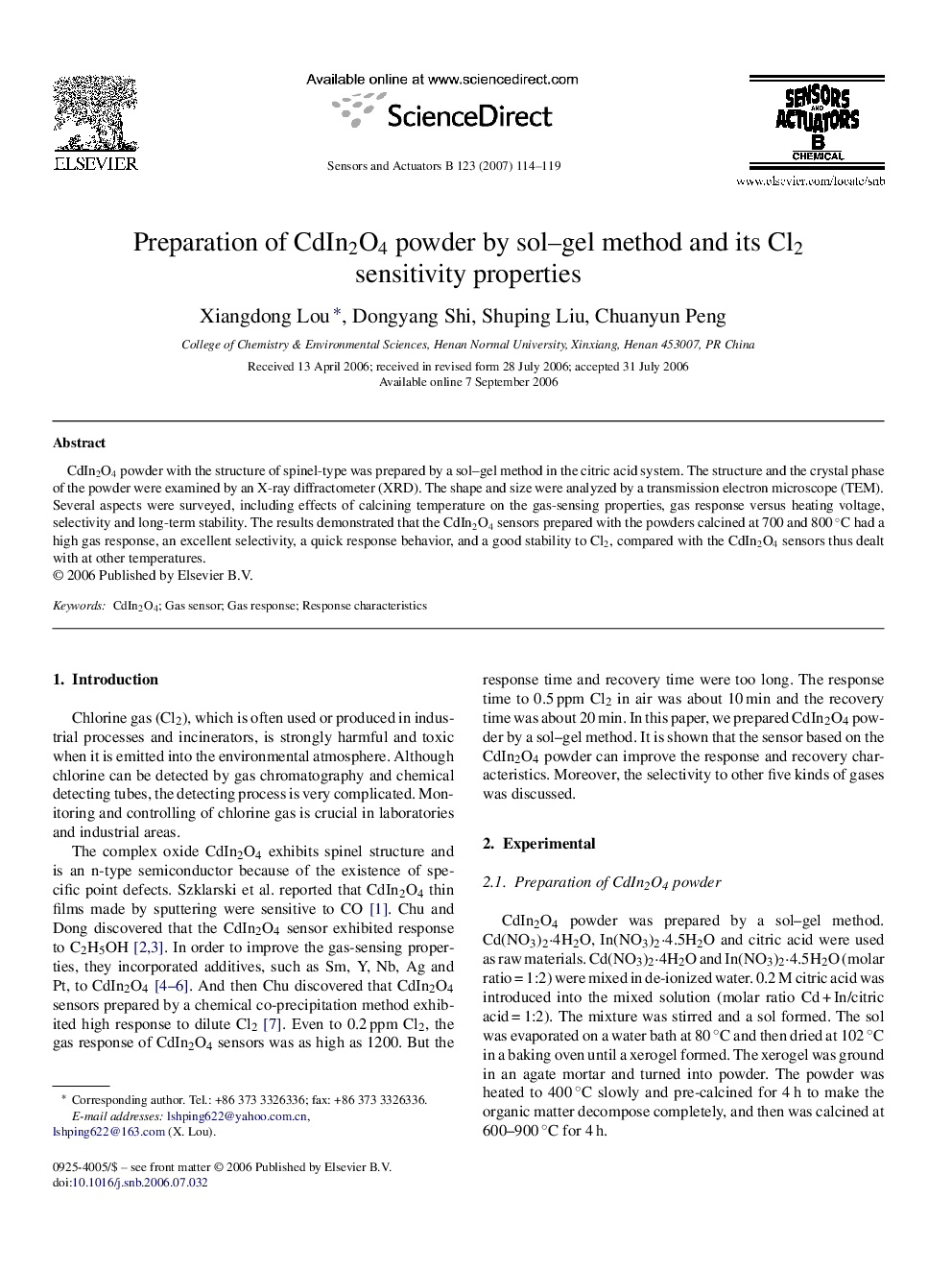 Preparation of CdIn2O4 powder by sol–gel method and its Cl2 sensitivity properties