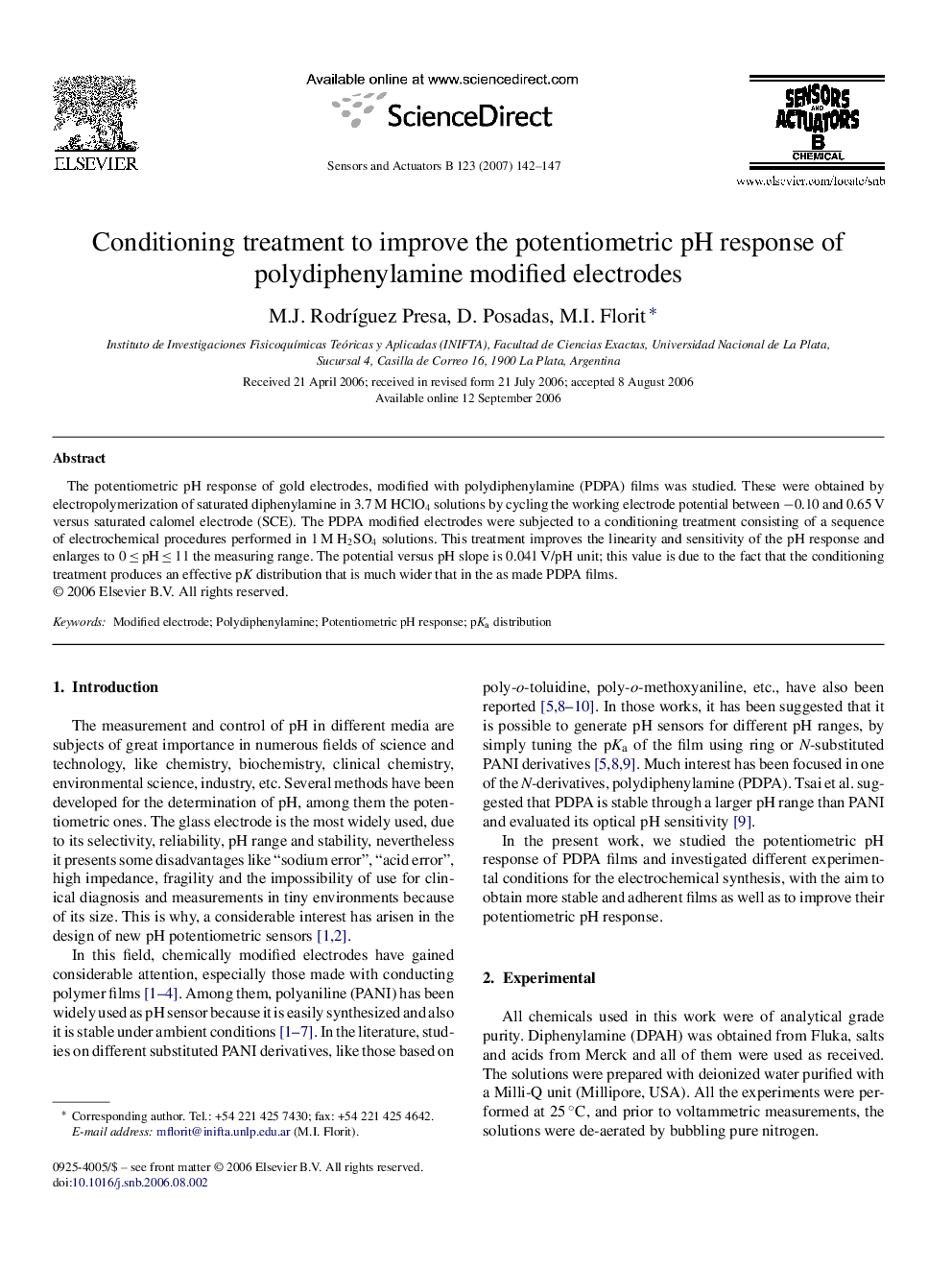 Conditioning treatment to improve the potentiometric pH response of polydiphenylamine modified electrodes