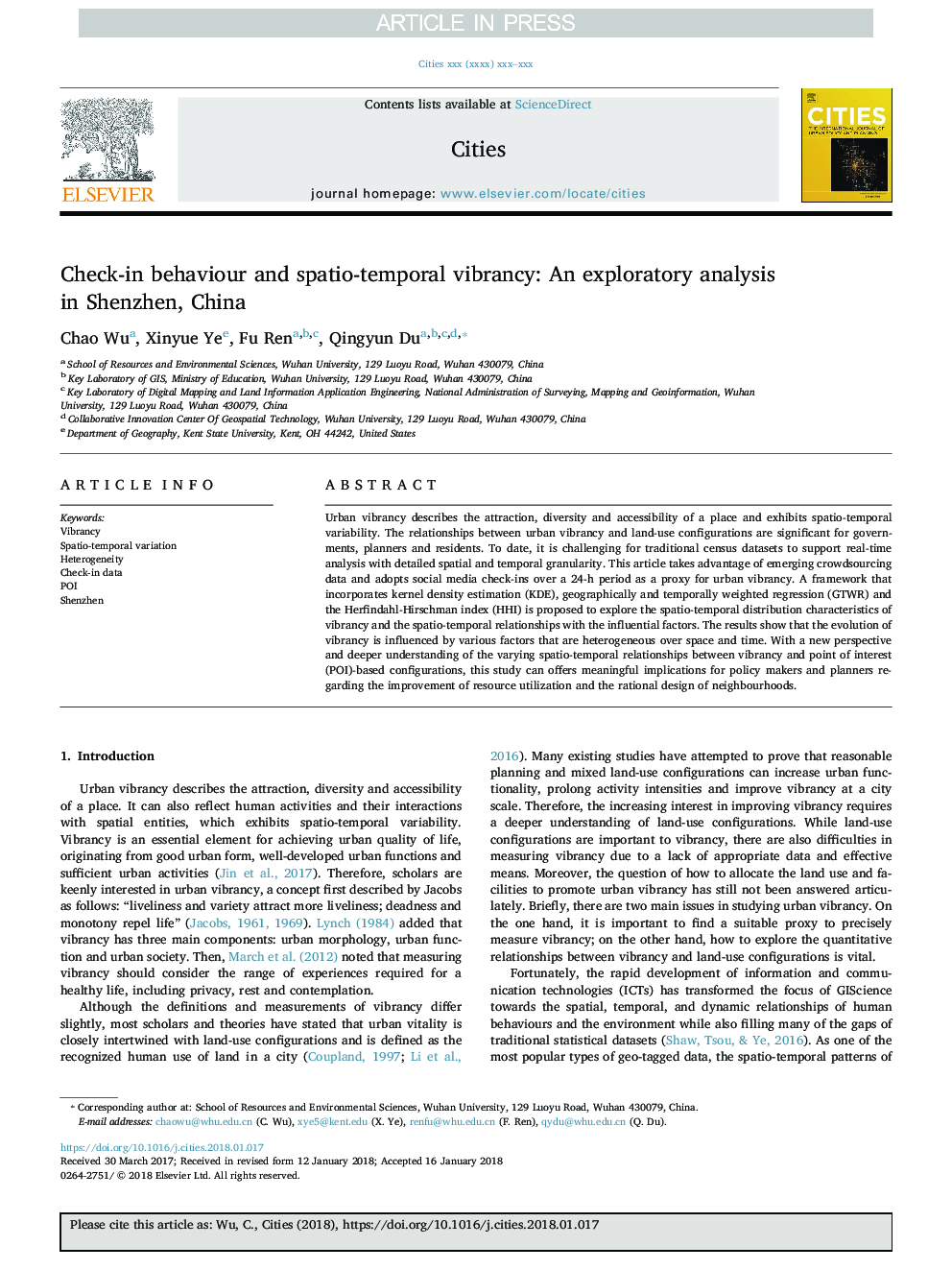 Check-in behaviour and spatio-temporal vibrancy: An exploratory analysis in Shenzhen, China