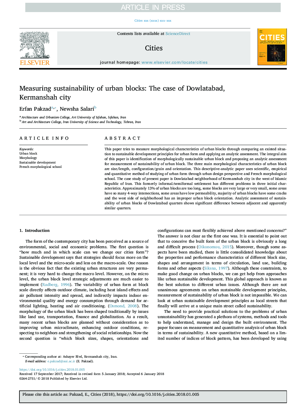 Measuring sustainability of urban blocks: The case of Dowlatabad, Kermanshah city