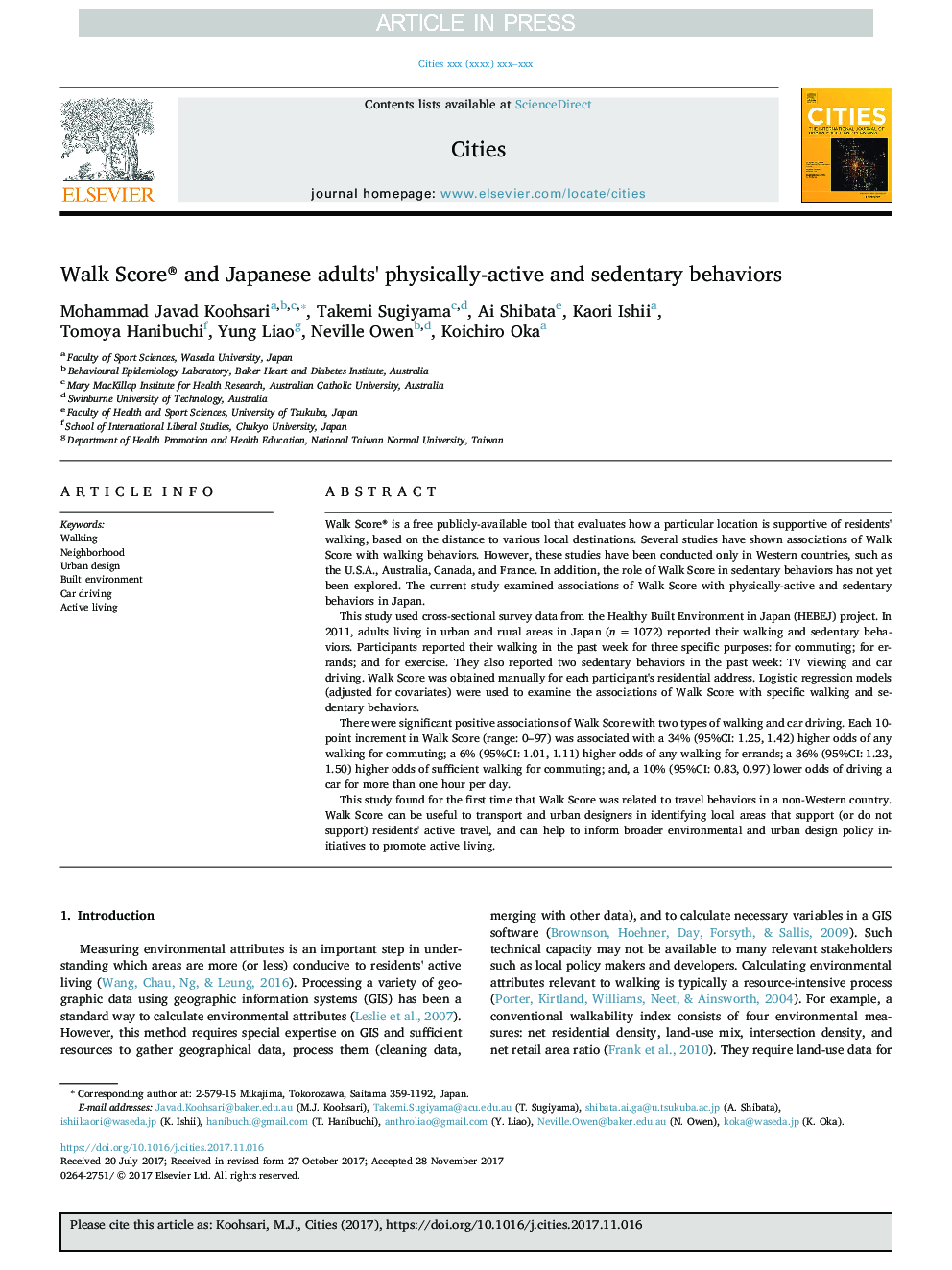 Walk Score® and Japanese adults' physically-active and sedentary behaviors