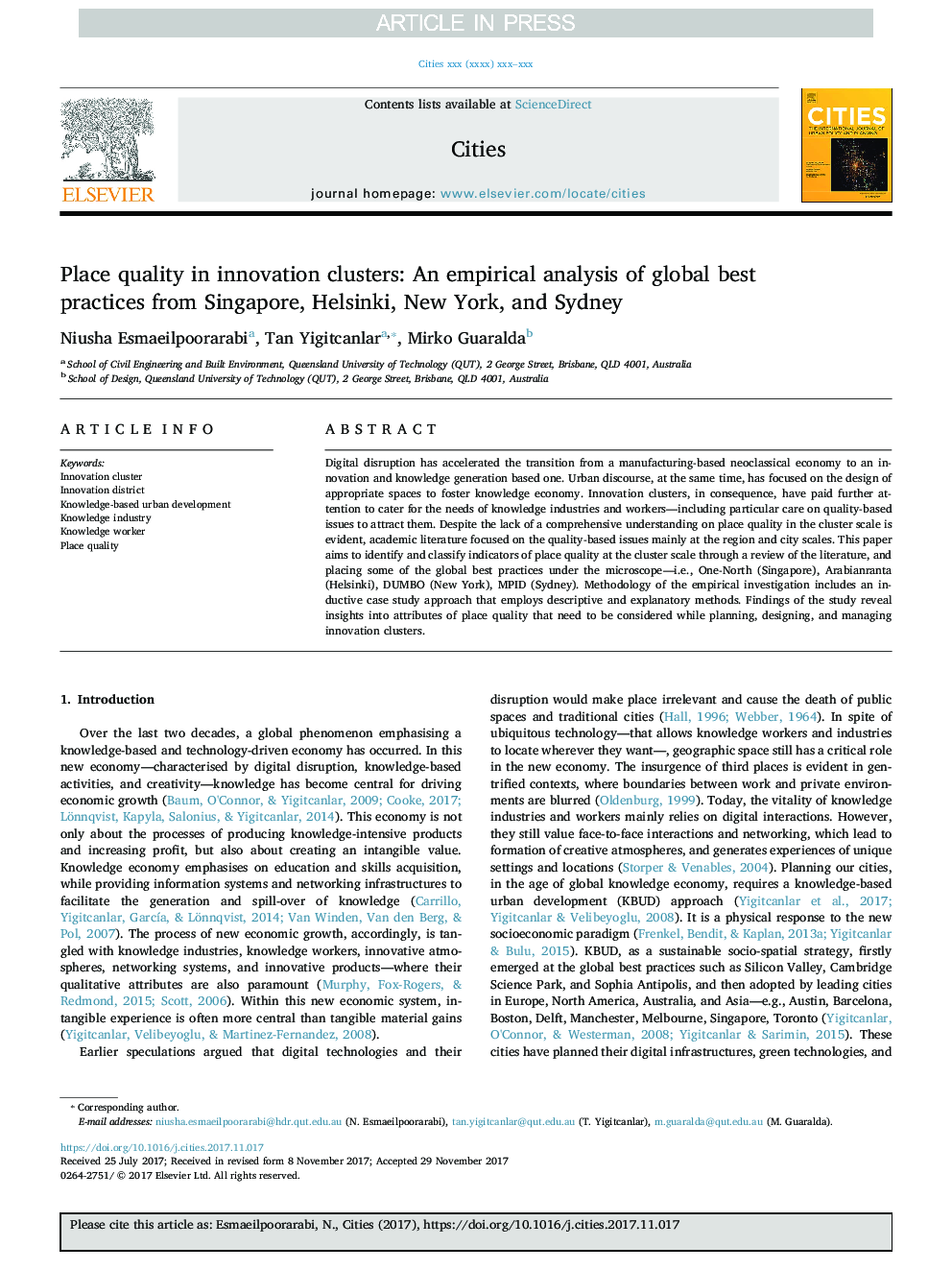 Place quality in innovation clusters: An empirical analysis of global best practices from Singapore, Helsinki, New York, and Sydney