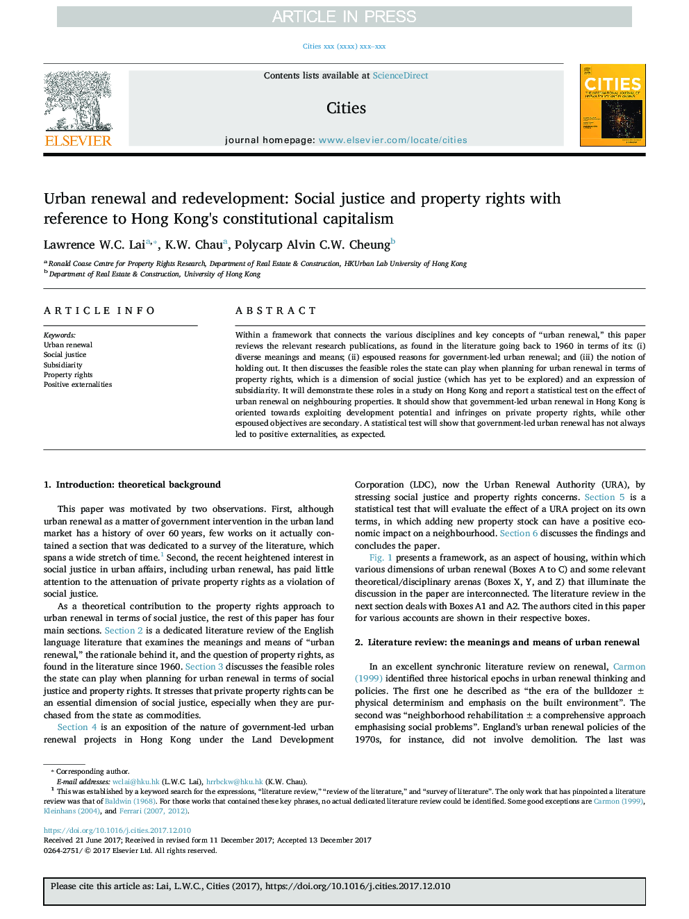 Urban renewal and redevelopment: Social justice and property rights with reference to Hong Kong's constitutional capitalism