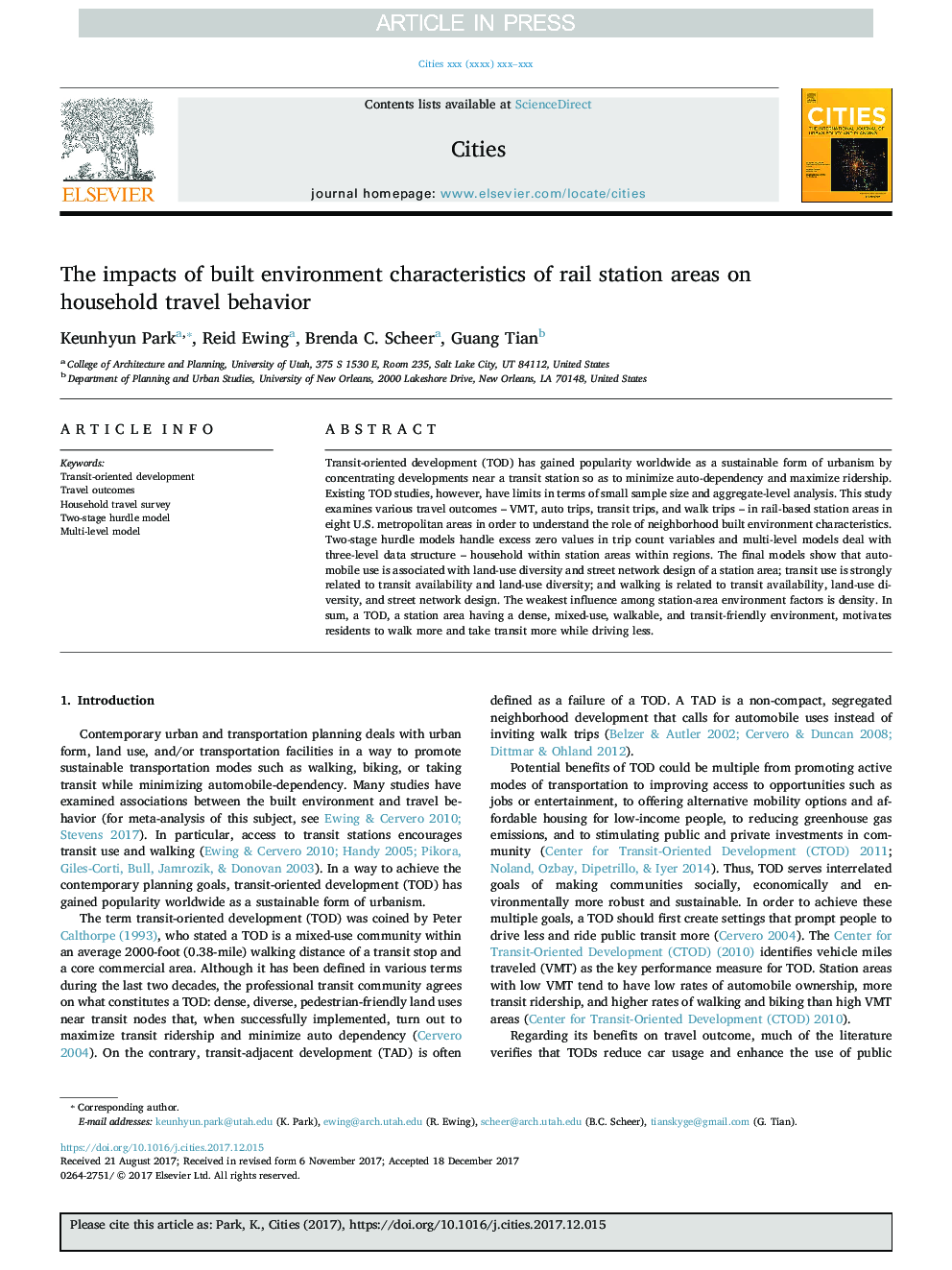 The impacts of built environment characteristics of rail station areas on household travel behavior