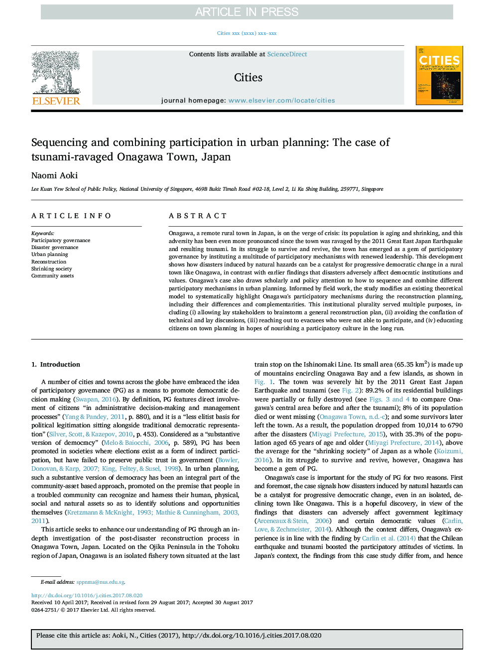 Sequencing and combining participation in urban planning: The case of tsunami-ravaged Onagawa Town, Japan