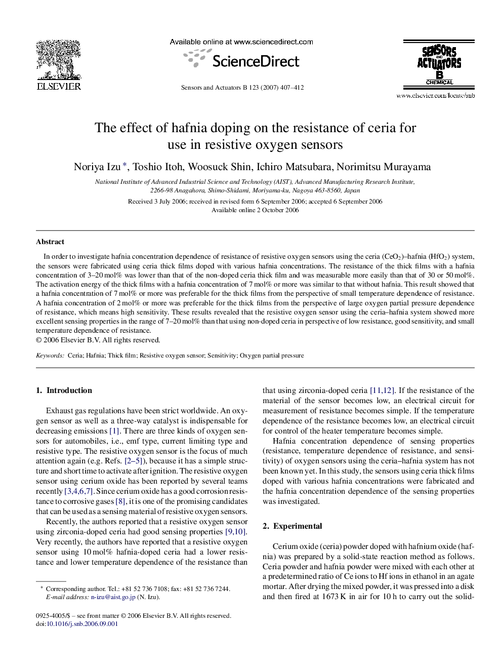 The effect of hafnia doping on the resistance of ceria for use in resistive oxygen sensors