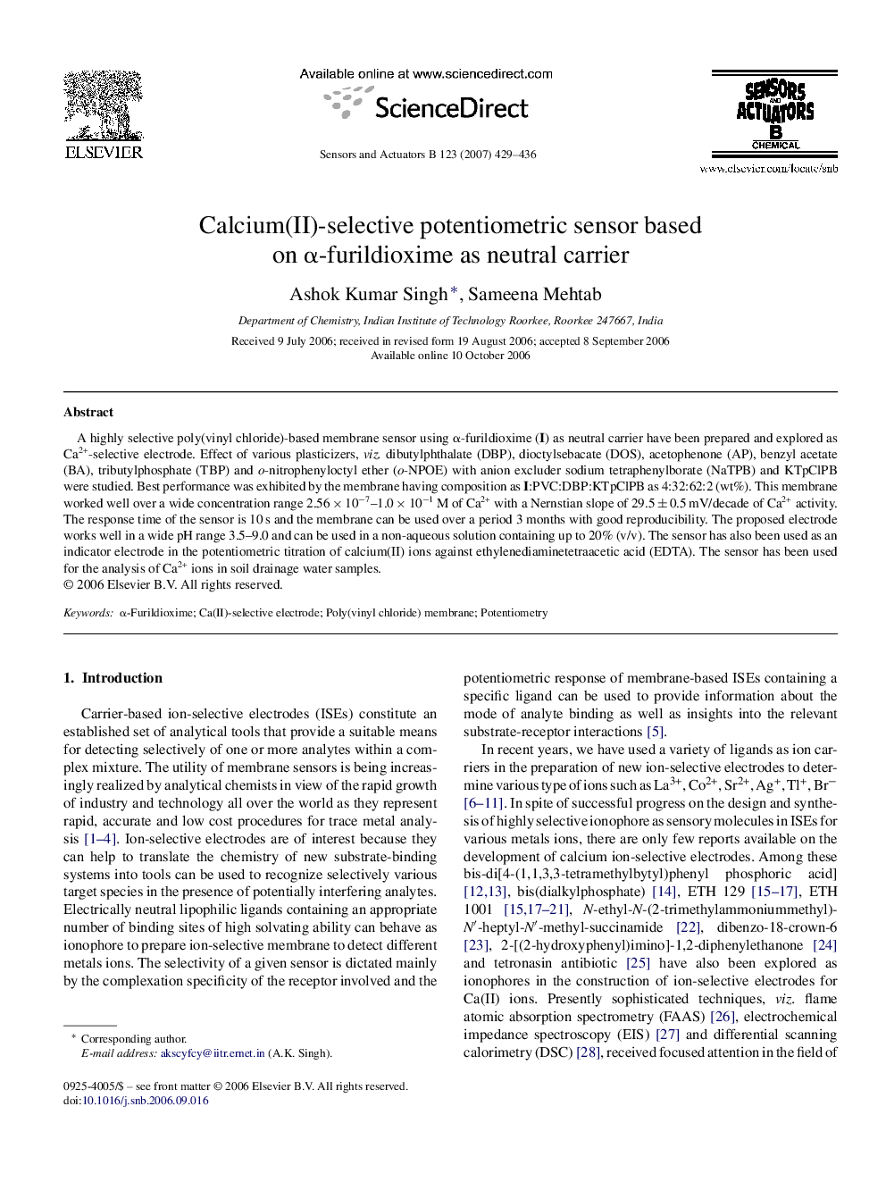 Calcium(II)-selective potentiometric sensor based on α-furildioxime as neutral carrier