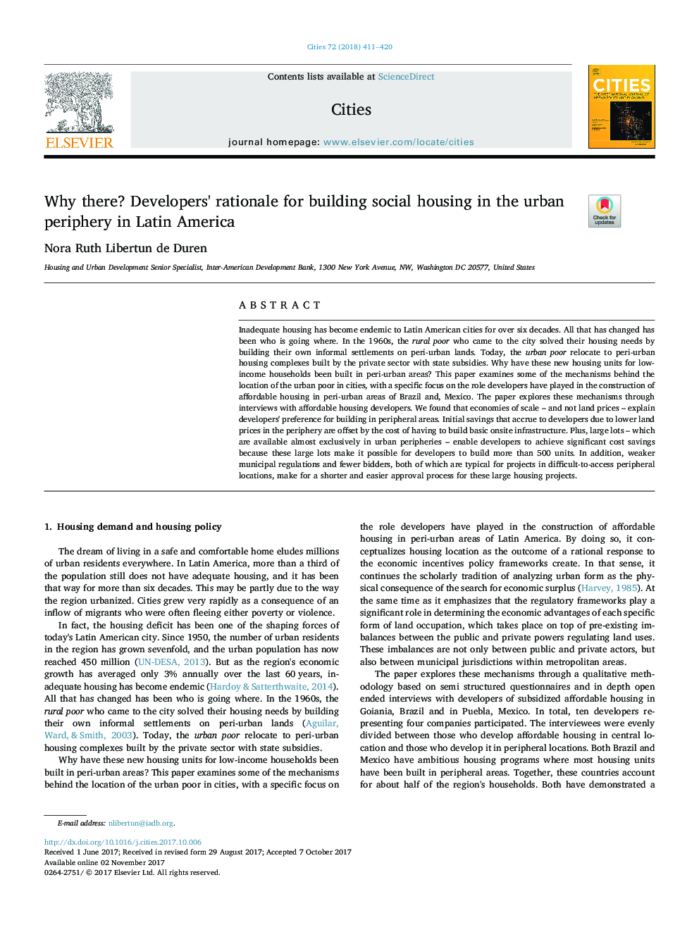 Why there? Developers' rationale for building social housing in the urban periphery in Latin America