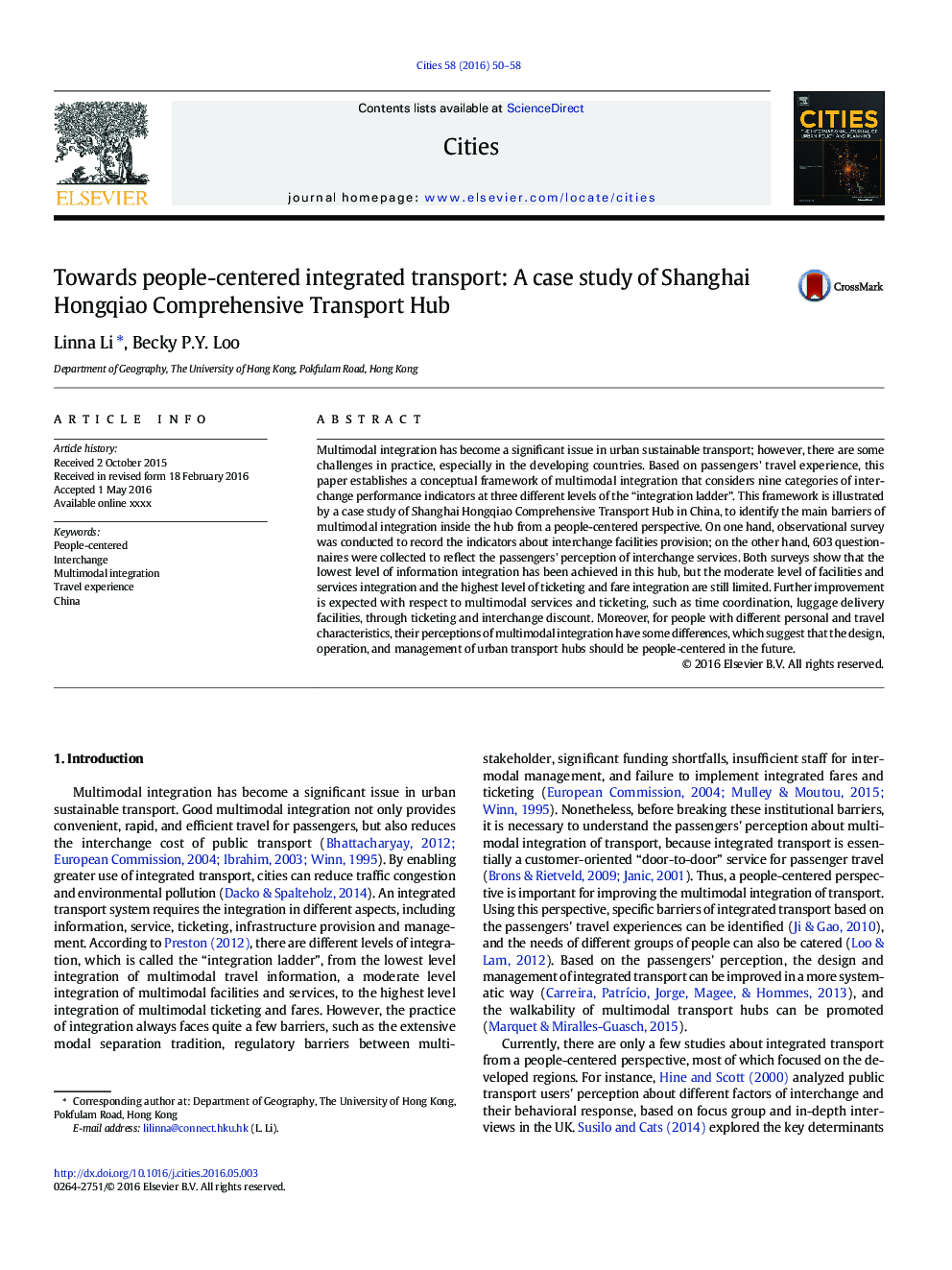 Towards people-centered integrated transport: A case study of Shanghai Hongqiao Comprehensive Transport Hub