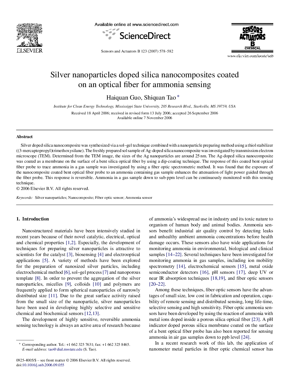 عکس صفحه اول مقاله: Silver nanoparticles doped silica nanocomposites coated on an optical fiber for ammonia sensing Silver nanoparticles doped silica nanocomposites coated on an optical fiber for ammonia sensing