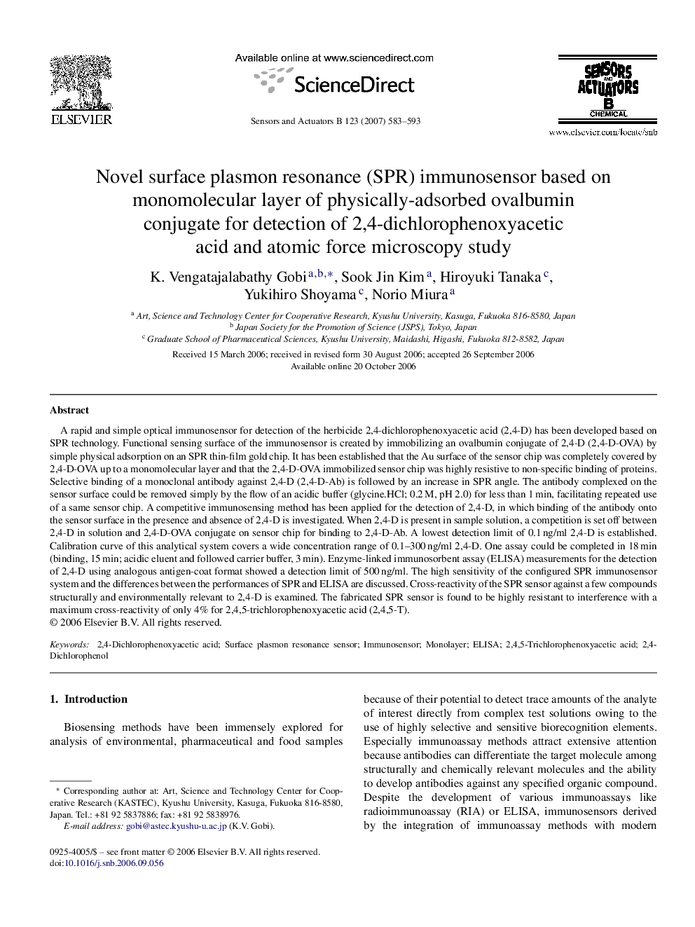 Novel surface plasmon resonance (SPR) immunosensor based on monomolecular layer of physically-adsorbed ovalbumin conjugate for detection of 2,4-dichlorophenoxyacetic acid and atomic force microscopy study
