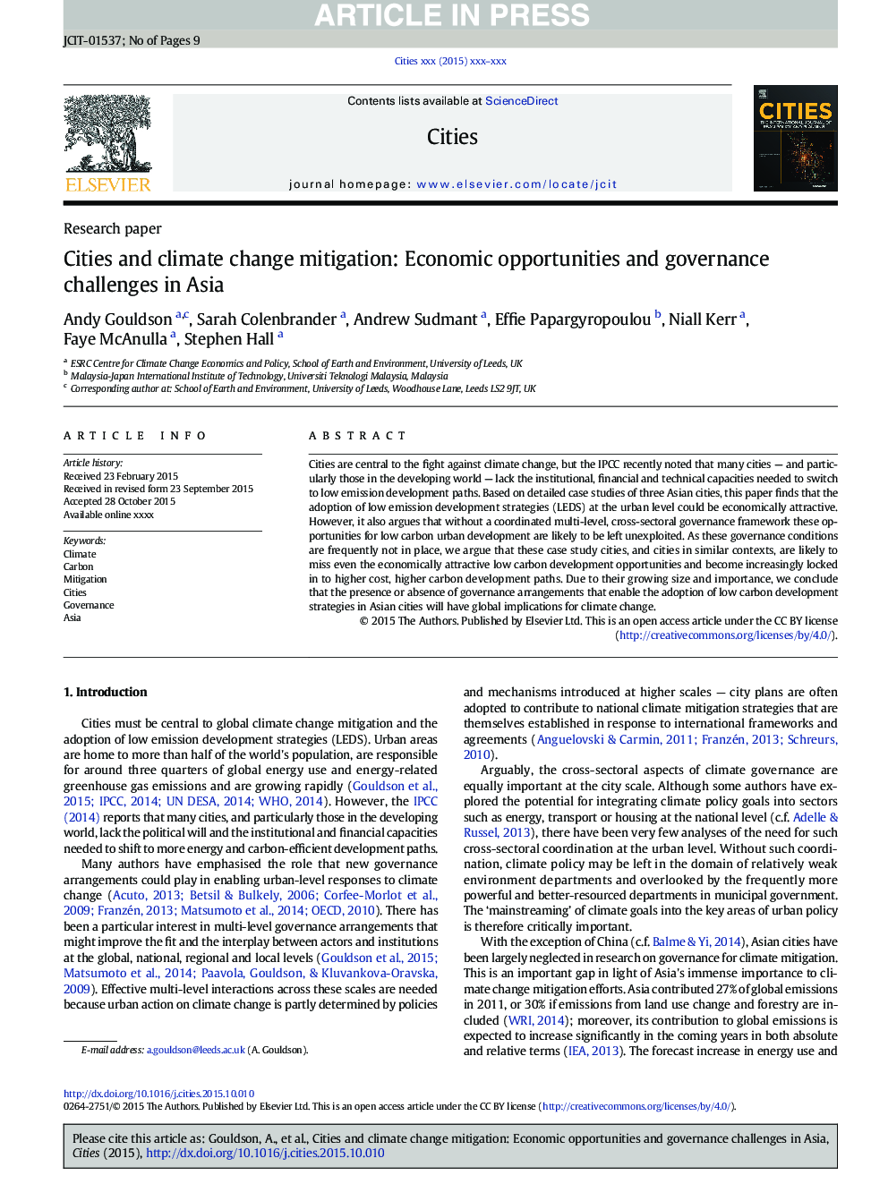 Cities and climate change mitigation: Economic opportunities and governance challenges in Asia