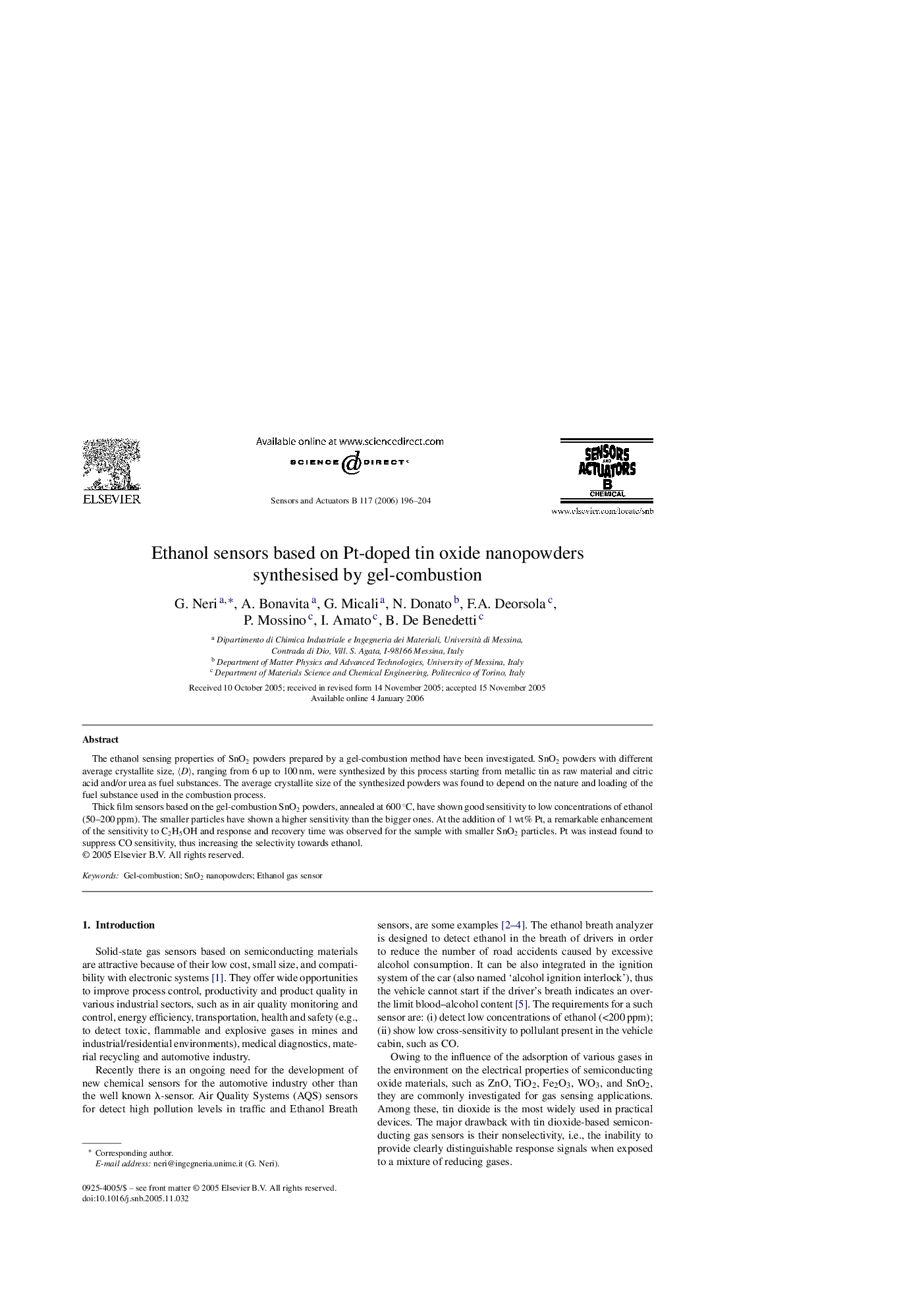 Ethanol sensors based on Pt-doped tin oxide nanopowders synthesised by gel-combustion