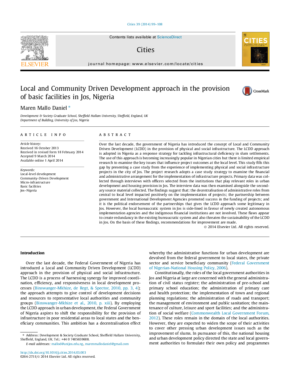 Local and Community Driven Development approach in the provision of basic facilities in Jos, Nigeria