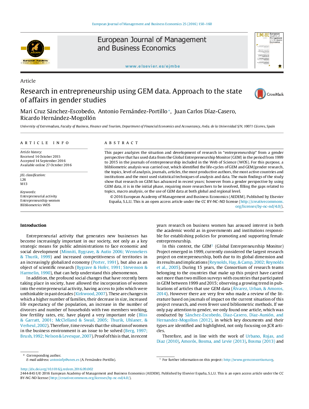 Research in entrepreneurship using GEM data. Approach to the state of affairs in gender studies