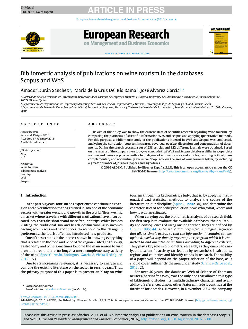 Bibliometric analysis of publications on wine tourism in the databases Scopus and WoS