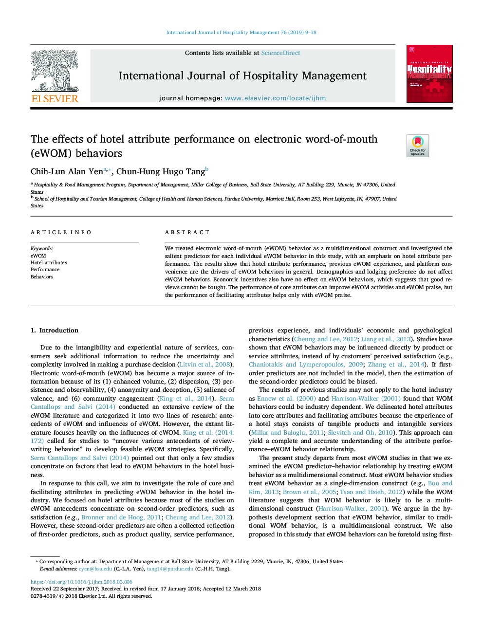 The effects of hotel attribute performance on electronic word-of-mouth (eWOM) behaviors