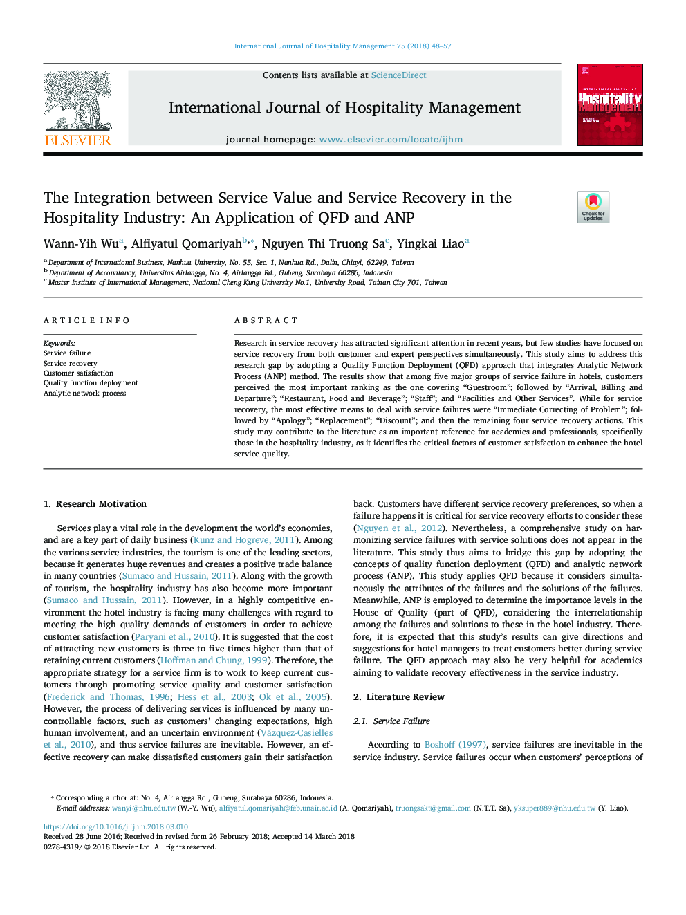 The Integration between Service Value and Service Recovery in the Hospitality Industry: An Application of QFD and ANP