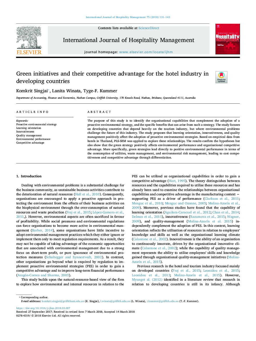 Green initiatives and their competitive advantage for the hotel industry in developing countries