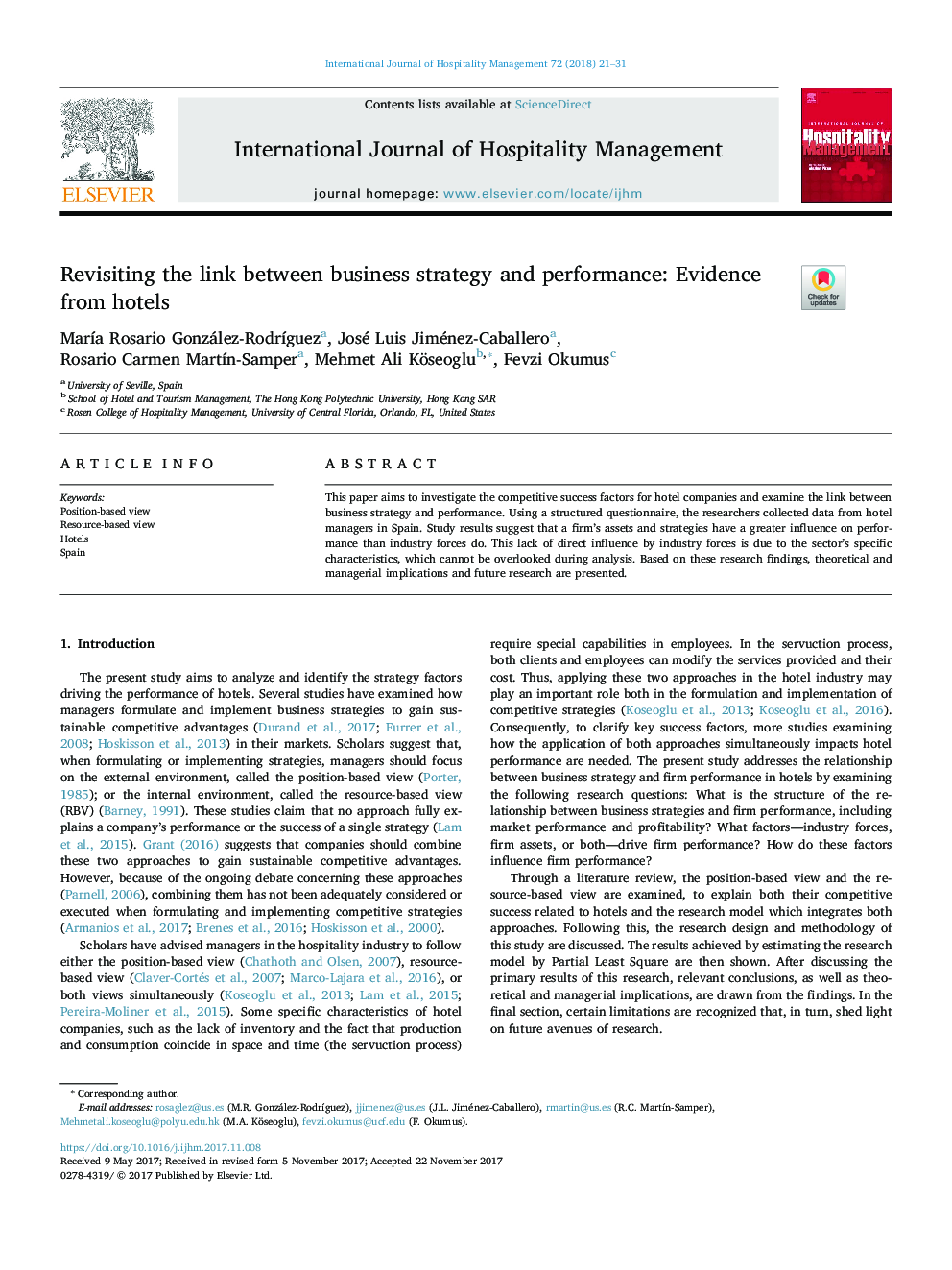 Revisiting the link between business strategy and performance: Evidence from hotels