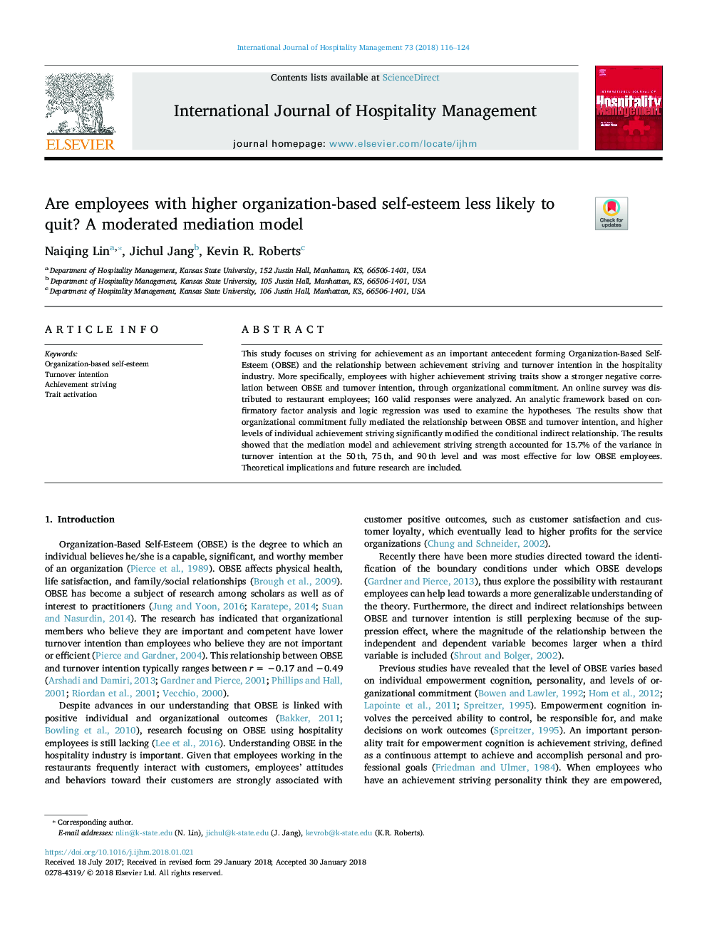 Are employees with higher organization-based self-esteem less likely to quit? A moderated mediation model