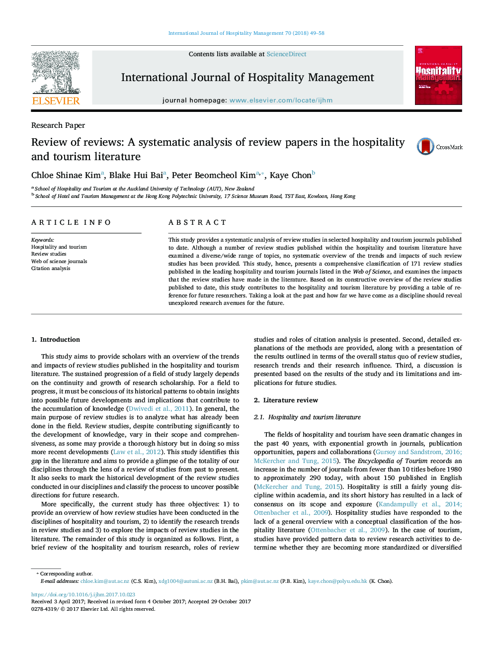 Review of reviews: A systematic analysis of review papers in the hospitality and tourism literature