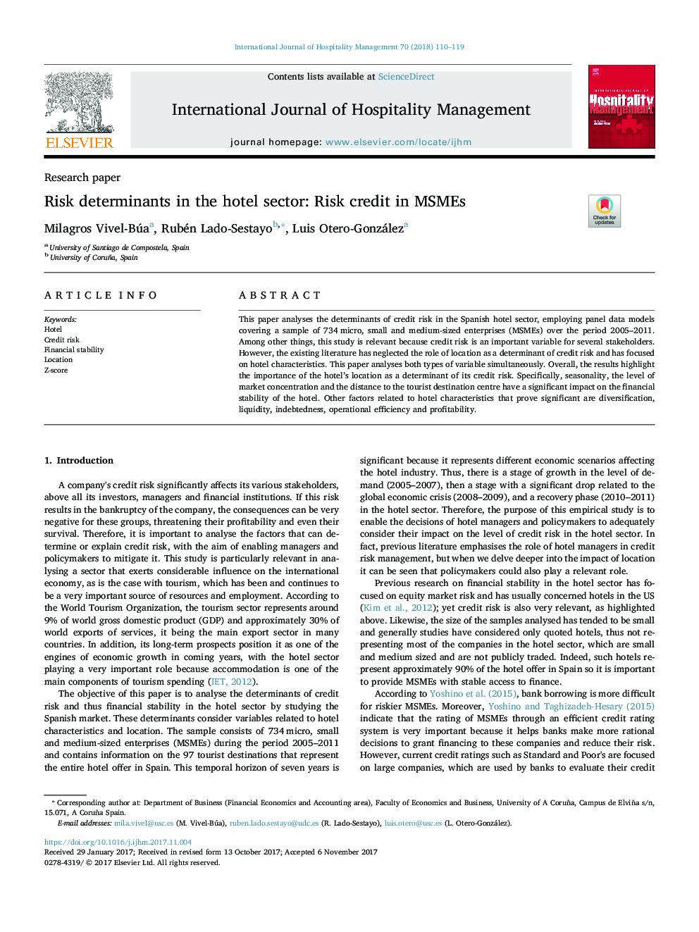 Risk determinants in the hotel sector: Risk credit in MSMEs