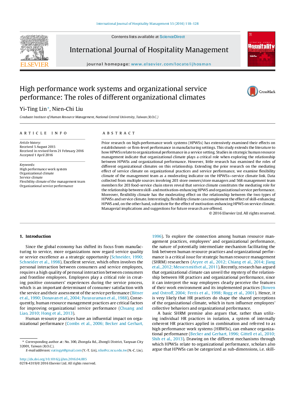 High performance work systems and organizational service performance: The roles of different organizational climates