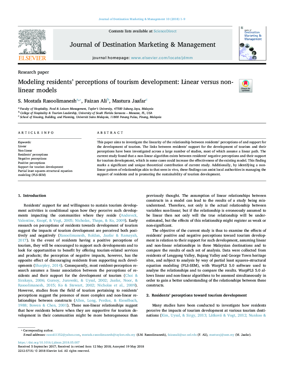 Modeling residents' perceptions of tourism development: Linear versus non-linear models