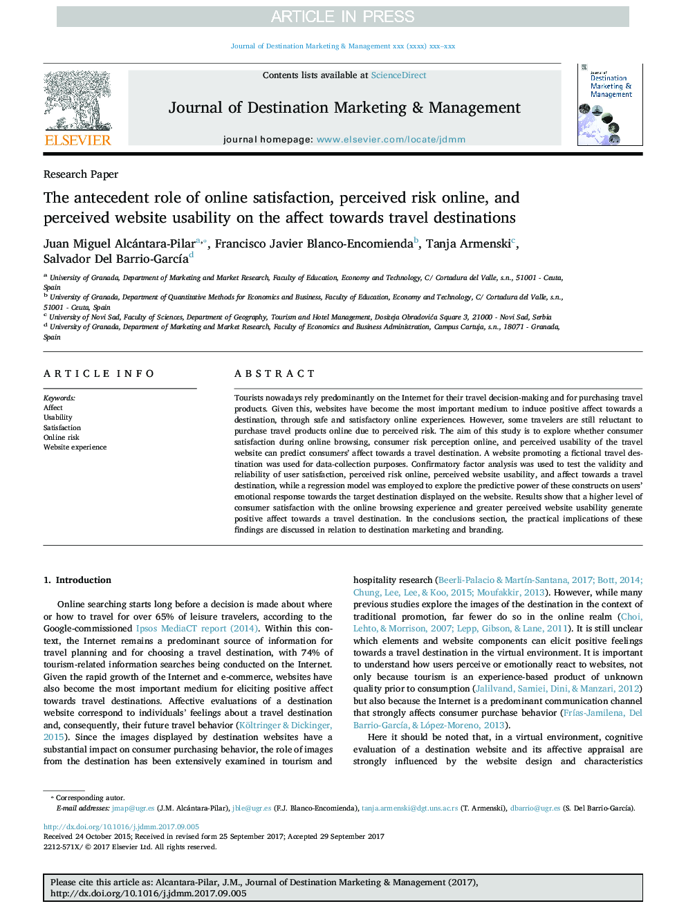 The antecedent role of online satisfaction, perceived risk online, and perceived website usability on the affect towards travel destinations