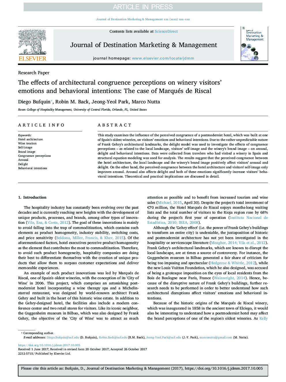 The effects of architectural congruence perceptions on winery visitors' emotions and behavioral intentions: The case of Marqués de Riscal